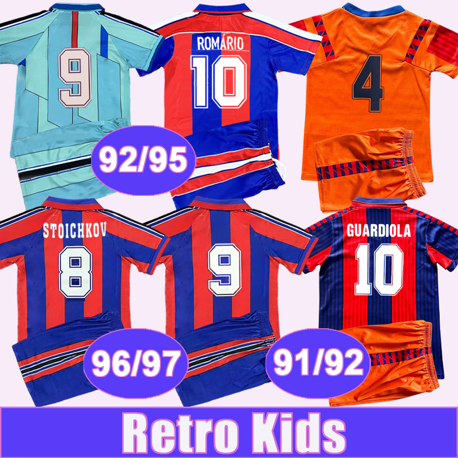 96 97 ROMARIO STOICHKOV Kids Kit Retro Soccer Jerseys 1992 1995 Home Red Blue Away Sky Blue Football shirts Child Suit Vintage Uniforms