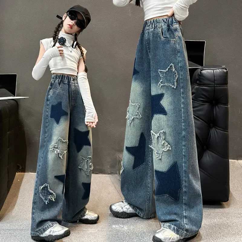 New Fashion Stars Towel Embroidery Baggy Kids Jeans Pants Y2K Clothes Straight Hip Hop Cotton Trousers Pants Home Girls jeans W241227