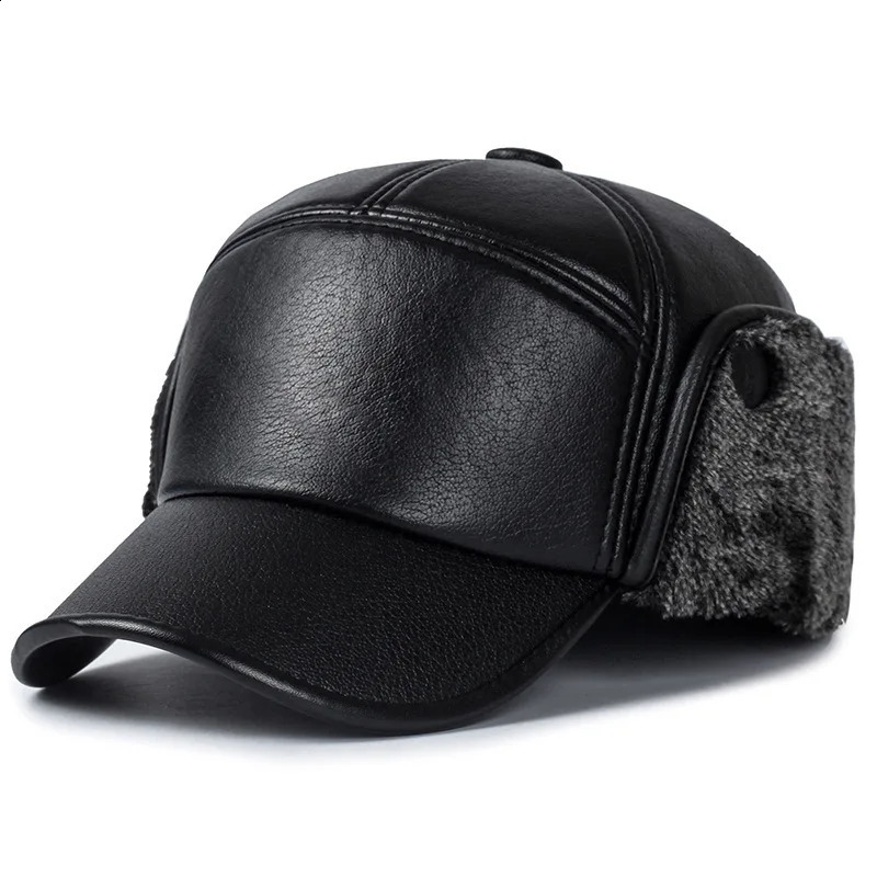 Black Leather Fur Baseball Cap For Men Winter Warm Hat Women Bones Dad Caps Gorras Earflaps Thicken Caps 241227