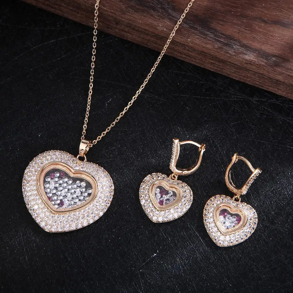 Trendy Lover Heart Wedding Necklace Earrings For Women Full Cubic Zirconia Bridal Jewelry Sets pendientes mujer moda E7664 241226