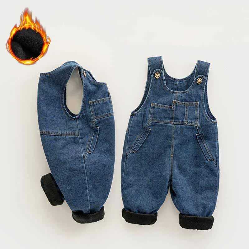 Baby apron thick jeans boys warm back pants baby with velvet jumpsuit girls coat cold proof Trousers new childrens clothing W241227