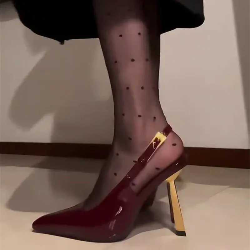 Wine Red Pointy High H Wen 2024 New Temperament Gold Heel Patent Leather Sexy Single Shoe French Pumps Z241227