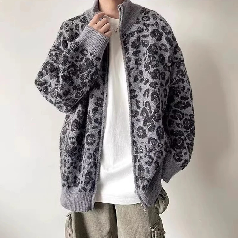 Stylish Leopard Sweater Jackets Men Streetwear Vintage Y2K Style Stand Collar Knitted Jacket Coat Mens Fall Winter Casual Coats 241224