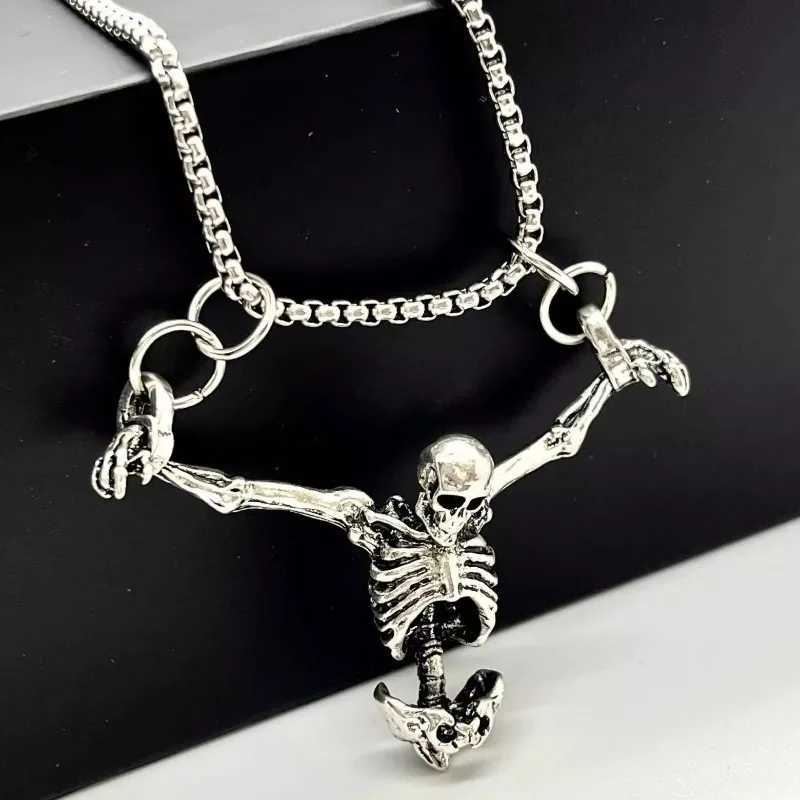 Halloween Dark Skull Pendant Necklace Retro Gothic Adjustable Chain Alloy Necklace Punk Human Skeleton Jewelry Pendant ChainXJ241227