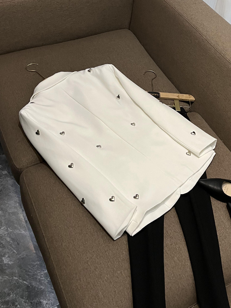 2025 Spring White / Black Solid Color Hearts Panelled Blazers Long Sleeve Notched-Lapel Single-Breasted Loose Outwear Coats O4D276542 Check Size Chart