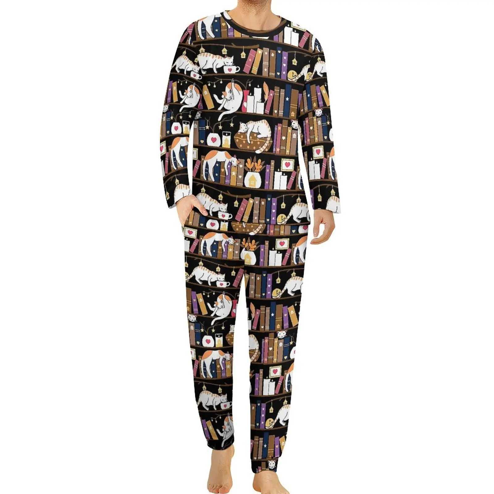 Cute Library Cat Pajamas Mens Lovely Nightwear Autumn Long-Sleeve 2 Pieces Casual Pattern Pajamas Set Big Size 4XL 5XLXJ241227