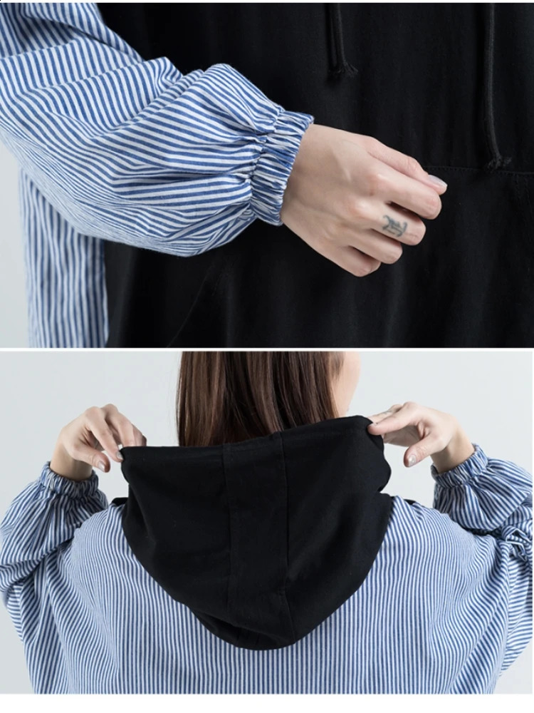 Oversized Striped Patchwork Hooded Women Casual Sweatshirt Loose Ladies Tops Fashion Autumn Woman Black Hoodies 241223