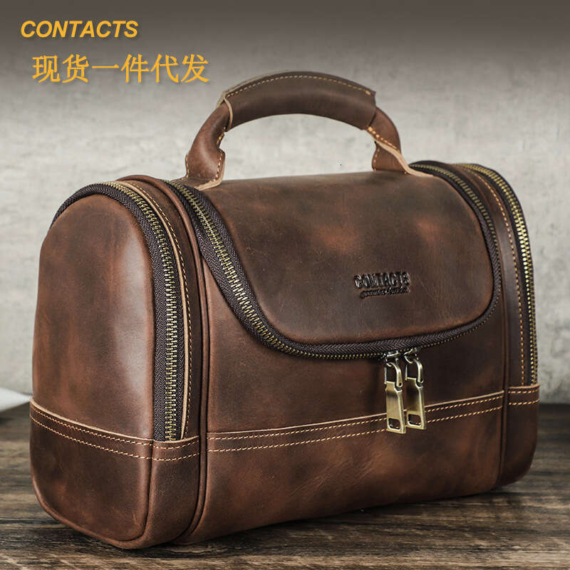 Black Angel Crazy Horse Cowhide Multi Zipper Portable Wash Large Capacity Trendy Makeup Storage Bag