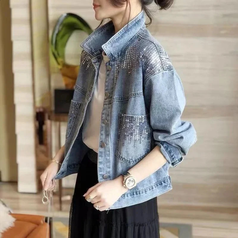 Diamonds Denim Jacket for Women Crop with Rhinestones Sequin Short Blue Plain Outerwear Spring Autumn Woman Jean Coat Small 241223