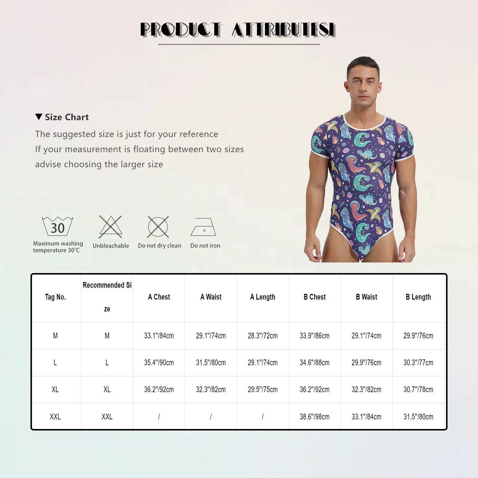Sexy Mens Short Sleeve Buttoned Crotch Diaper Rompers Pajama Cute Cartoon Print Sissy Bodysuit Sleepwear Swimwear Bathing SuitXJ241227