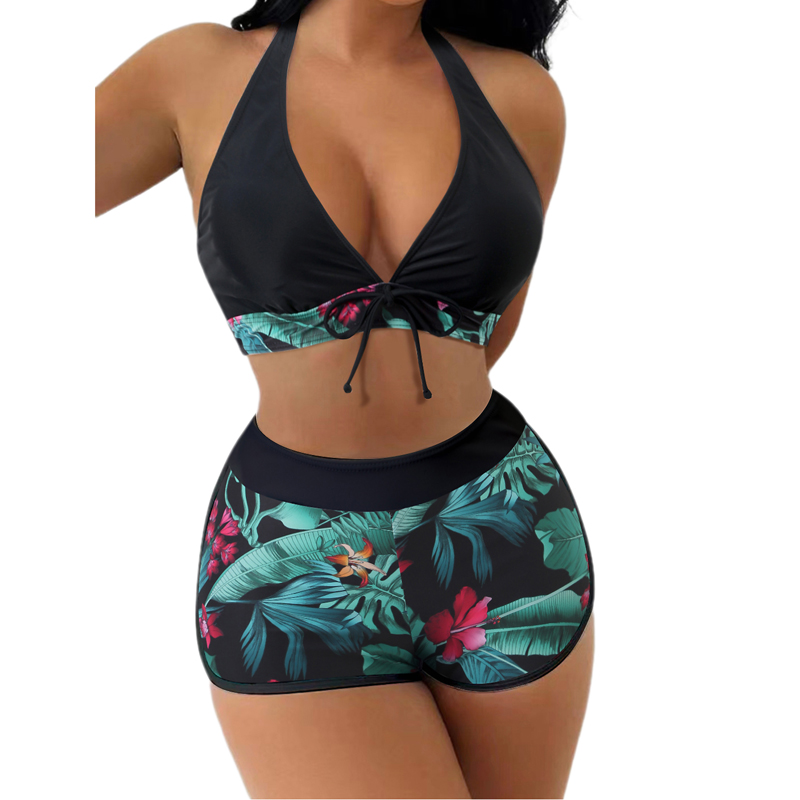 Stylish Women Halter Bikinis Set High Waist Shorts Swimsuit Padded Deep V-Neck Bikini Push-up Swimwear Ladies Printing Bathing Suits Boyshorts Beach W