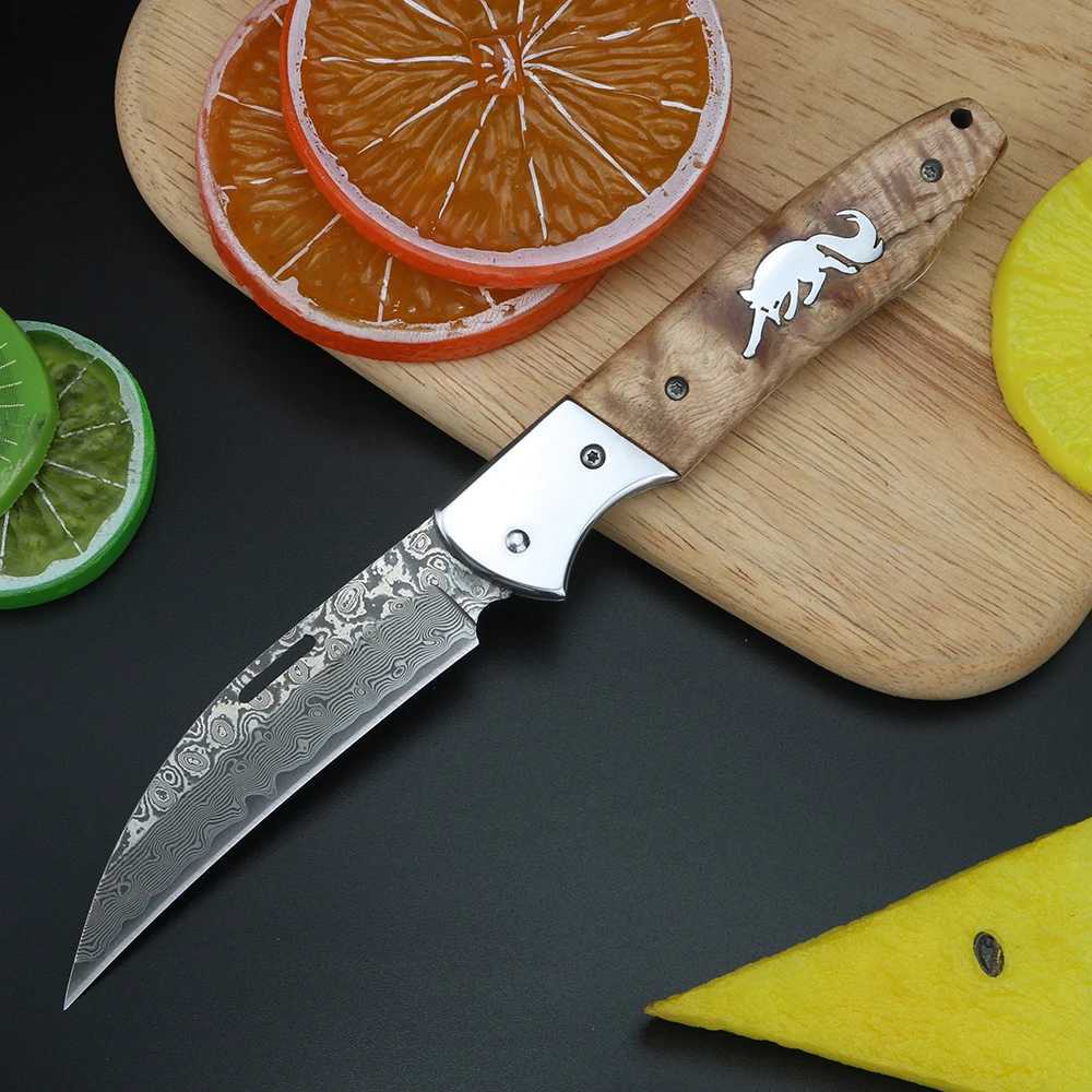 Xuanfeng Japanese handmade folding knife wooden handle small folding knife Damascus steel mtifunctional fruit knife Y241227