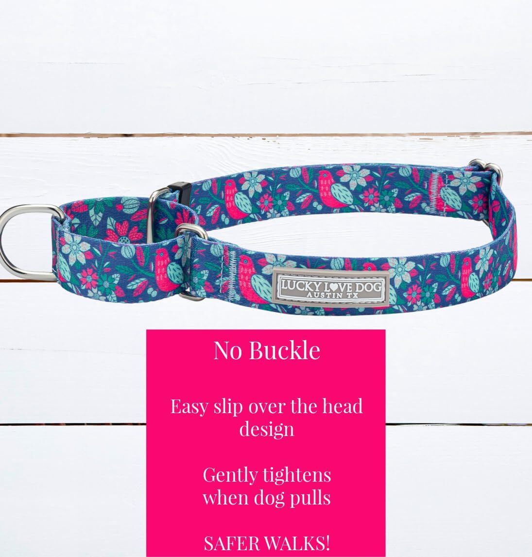 Lucky Love Dog, Fantastical bird and horse Dingell dog collar, bright pink, mint, blue flower medium anti slip dog collar M, Carriebelle Mart