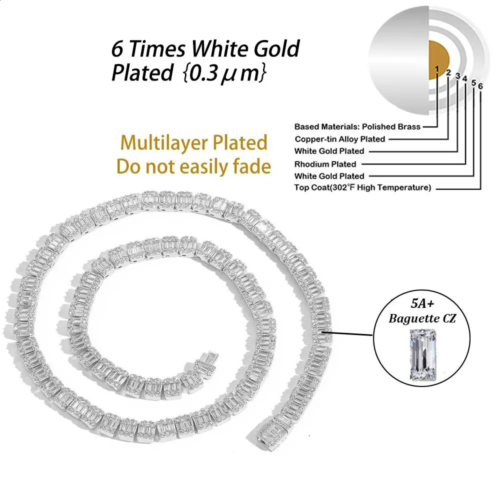 Custom 8mm Iced Square Baguette Tennis Chain White Gold Plated Diamond Cluster Tennis Necklace Hip Hop Jewelry 241226