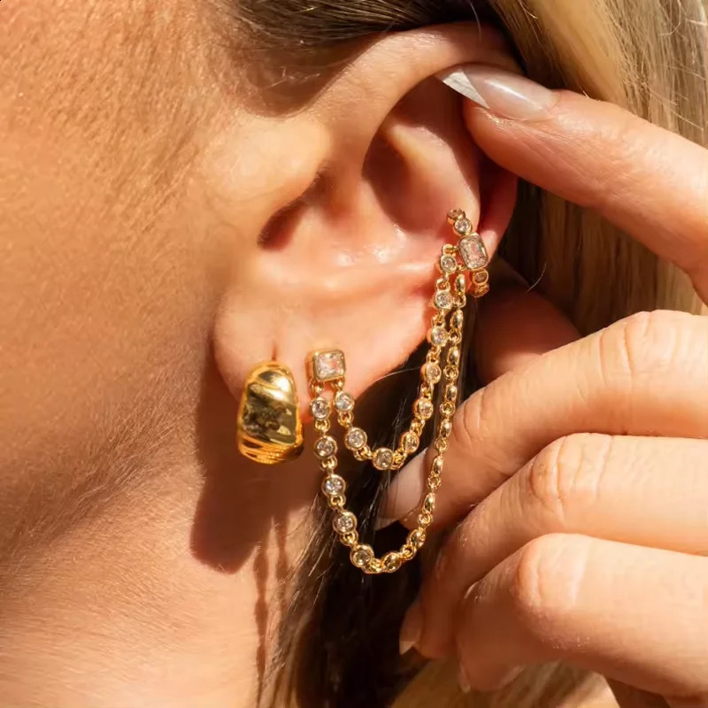 1pc Double Piercing 2 Hole Tassel Chain Mini Cz Hoop Earring Bling Cz Tennis Chain Clip on Earring Cuff Fashion Women Jewelry 241227