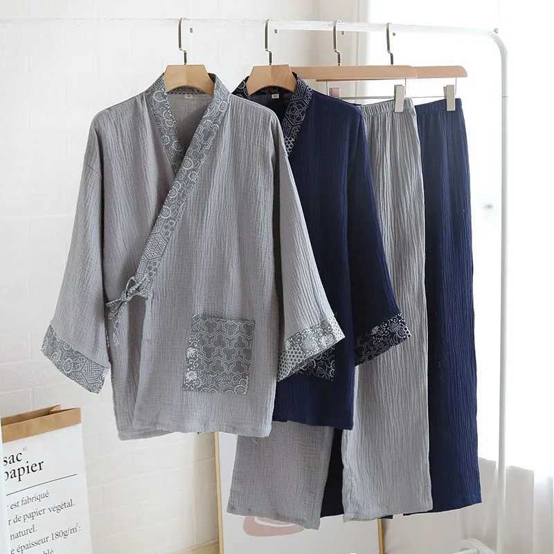 Pure Cotton Mens Pajamas Set Japanese Kimono Plus Size Long Sleeve Pant Suit Casual Comfortable Home Service Two-piece SleepwearXJ241227