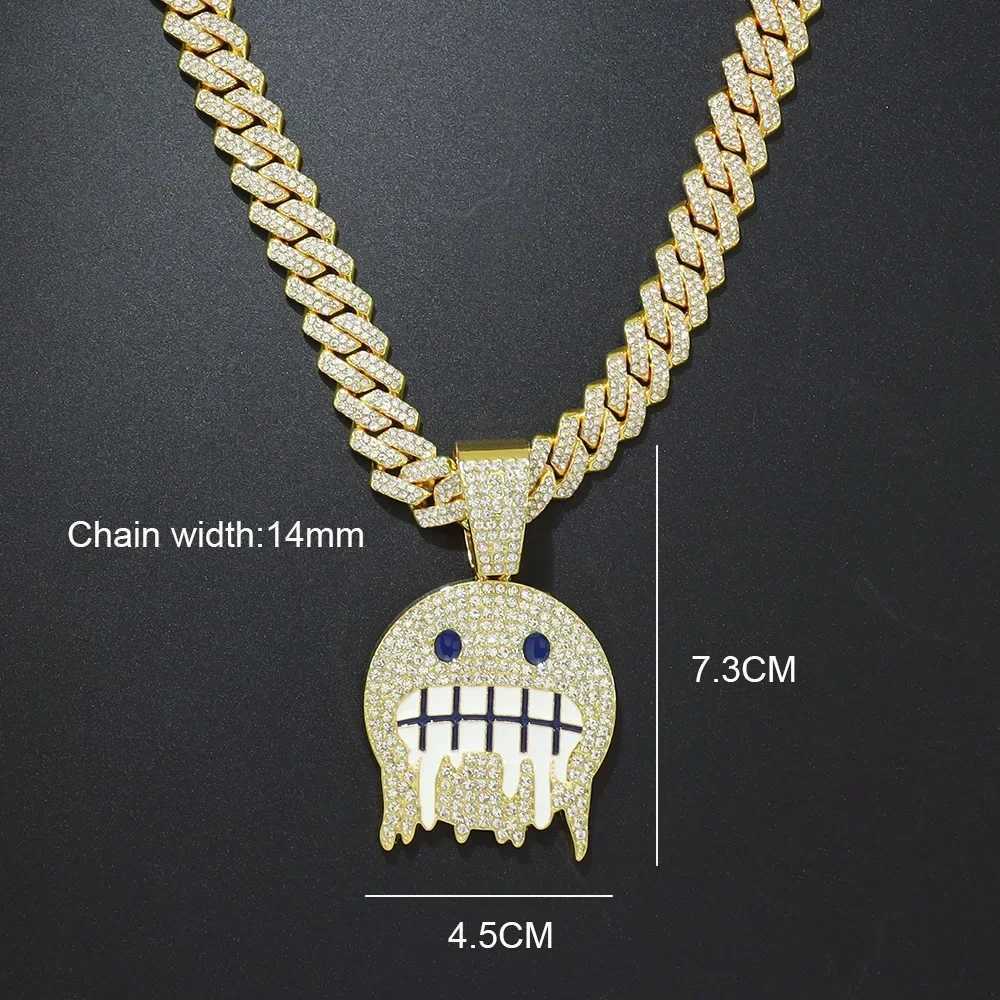 Men White Blue Cubic Zirconia Paved Hip Hop Round Face Pendants Necklaces with Cuban Chain d Out Bling CZ Fashion Boy JewelryXJ241227