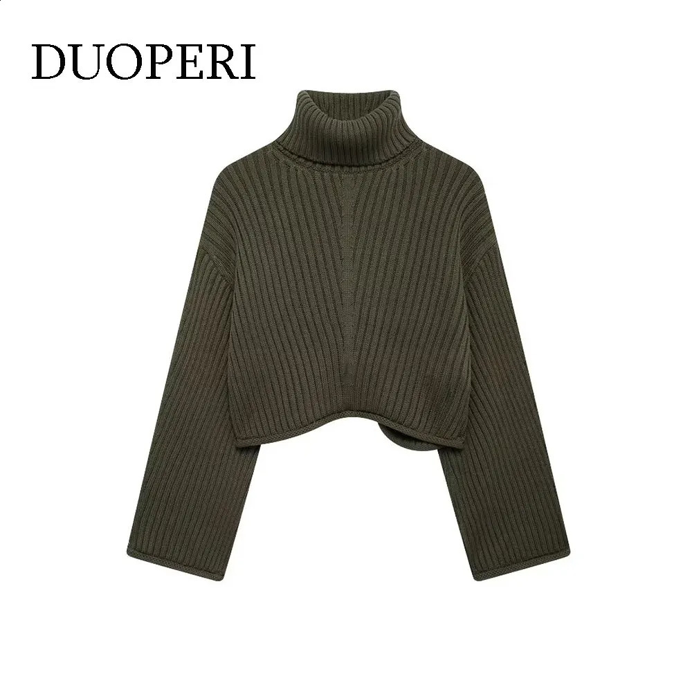 DUOPERI Women Fashion Green Knitted Sweater Long Sleeves Turtleneck Pullover Female Chic Lady Casual Crop Tops 241223