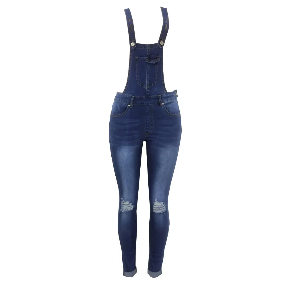 Summer Denim Jumpsuit Women Overall Rompers Jeans Pants Casual Hole Trousers Female High Waist Slim Pencil 241224Z