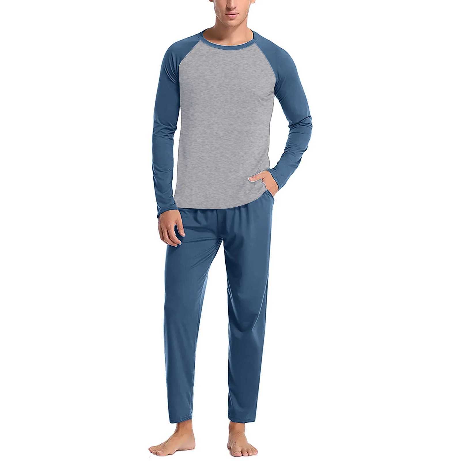 Autumn Winter Men Pajama 2 Piece Set Contrast Color Long Sleeve T Shirt And Solid Pants Set Sleepwear Mens Home ClothesXJ241227