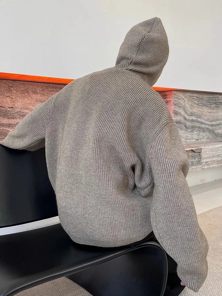 Streetwear Fashion Mens Knitted Hoodies 2025 Spring Trendy Zipper Hooded Sweatshirts Men Solid Color Long Sleeve Knit Sweaters 241224