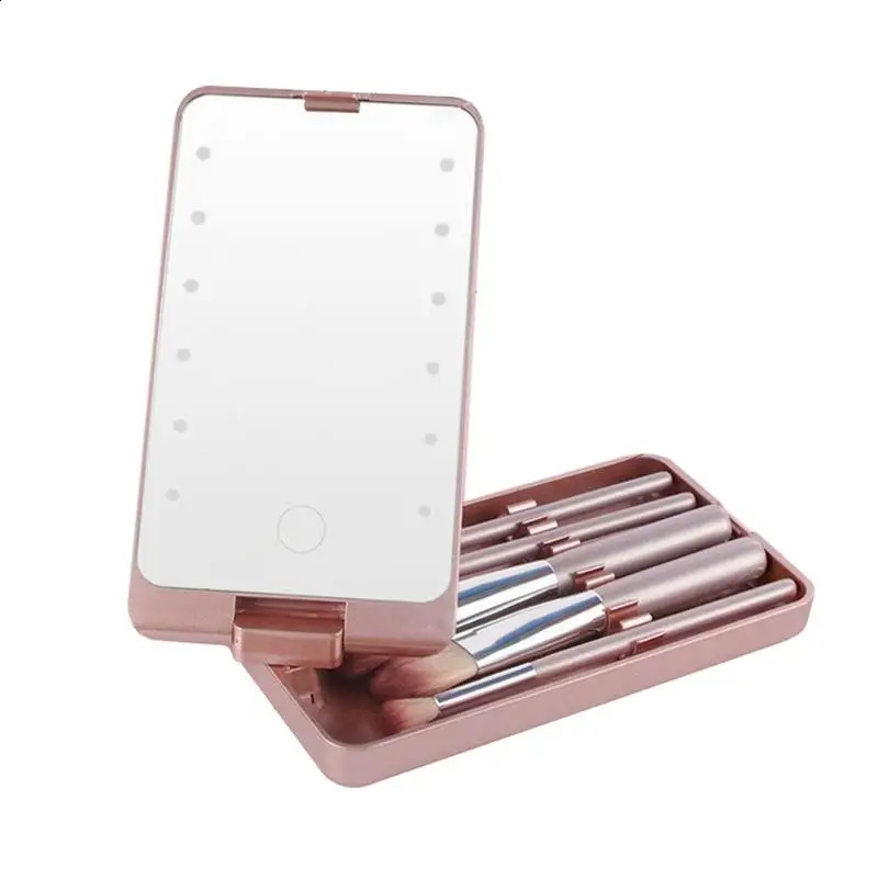 Lighted Makeup Mirror Rotatable Personal Beauty Mirror With 5 Makeup Brushes Travel Make Up Accessories Multifunctional Light Up 241223
