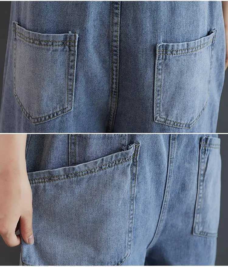 Old children and teenagers loose suspension womens jeans jumpsuit new summer denim game set sling wide leg denim shorts womens tools W241227