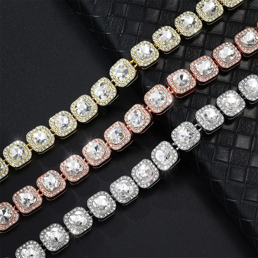 Hip Hop 12MM Micro Pave Prong Cubic Zircon 1Row Alloy Tennis Chain Bracelet Necklace Bling Mens For Men Women Jewelry 241227