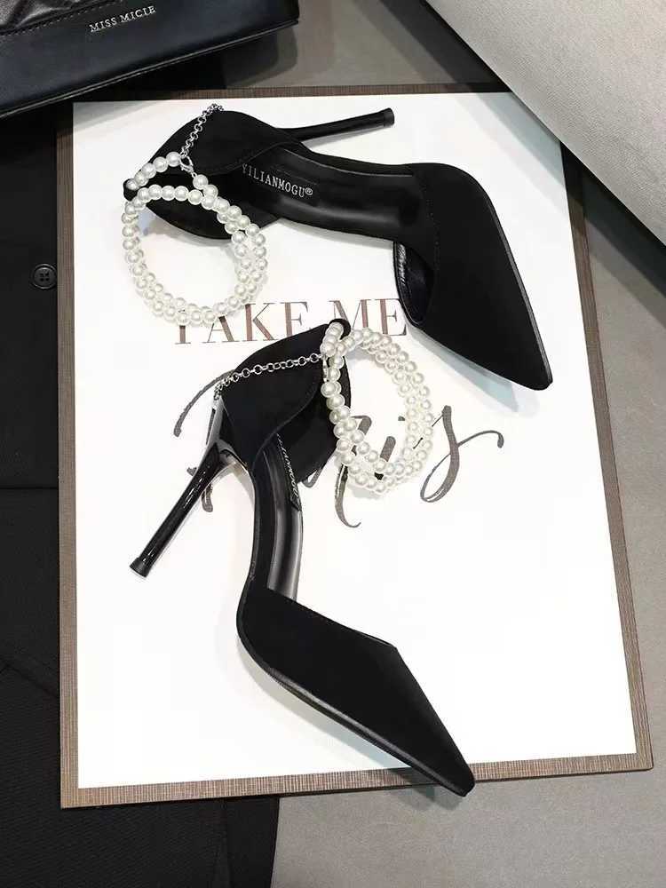 2024 Summer New Bridesmaid Pearl Bow Black Thin Heel High Heel Shoes Elegant High Heel Pointed Wens Single Shoes wen shoes Z241227