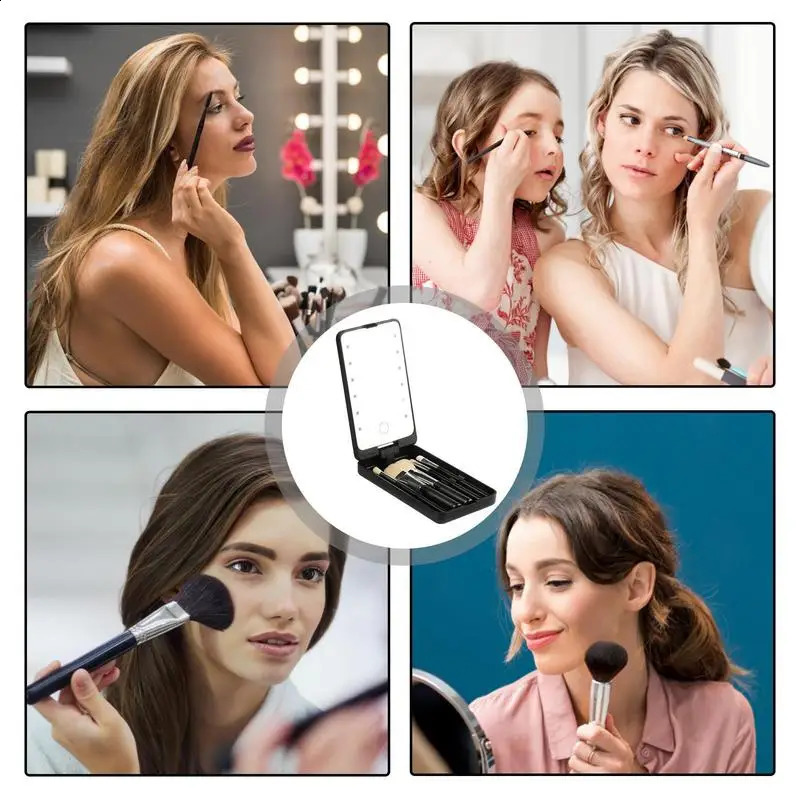 Lighted Makeup Mirror Rotatable Personal Beauty Mirror With 5 Makeup Brushes Travel Make Up Accessories Multifunctional Light Up 241223