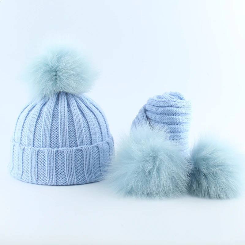 Baby Winter Hat And Scarf For Girls Boys Children Real Fox Fur Pompom Knitting Beanie Hats Kids 3 pieces Pom Hat 241227
