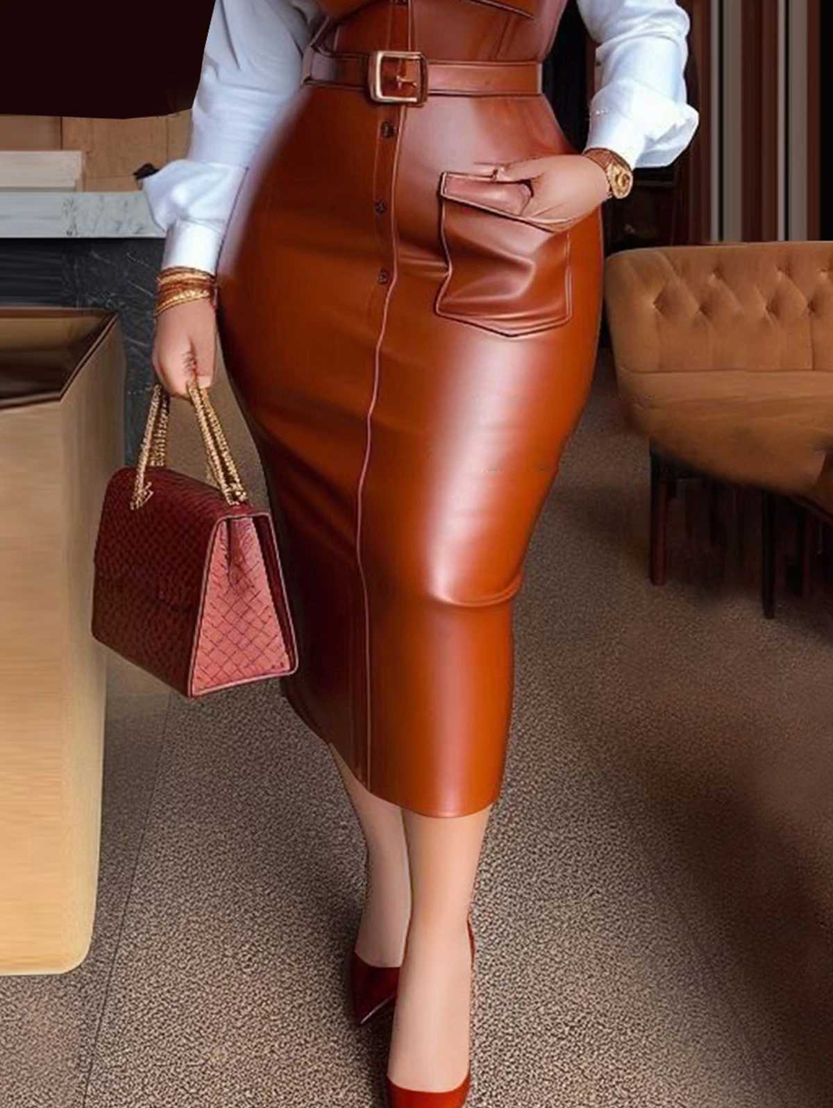 Womens shirt collar dress new autumn button length Slve PU leather patch work pocket tight waistband lapel womens Midi dress X241226