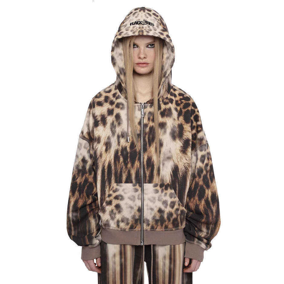 New spicy girl leopard print lace up niche top hooded sweatshirt zipper cardigan men's and women's trend