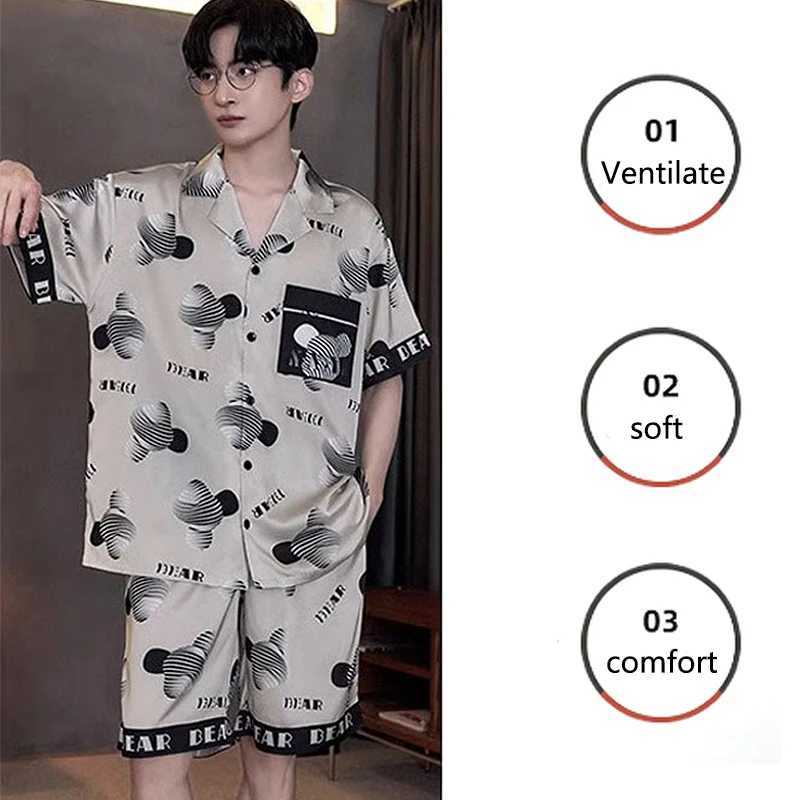 Large Size Men Pajamas Set Ice Silk Cartoon Bear Short-Sleeved Student Two-Piece Cardigan Lapel Smiley Letters 3xl Code PajamasXJ241227