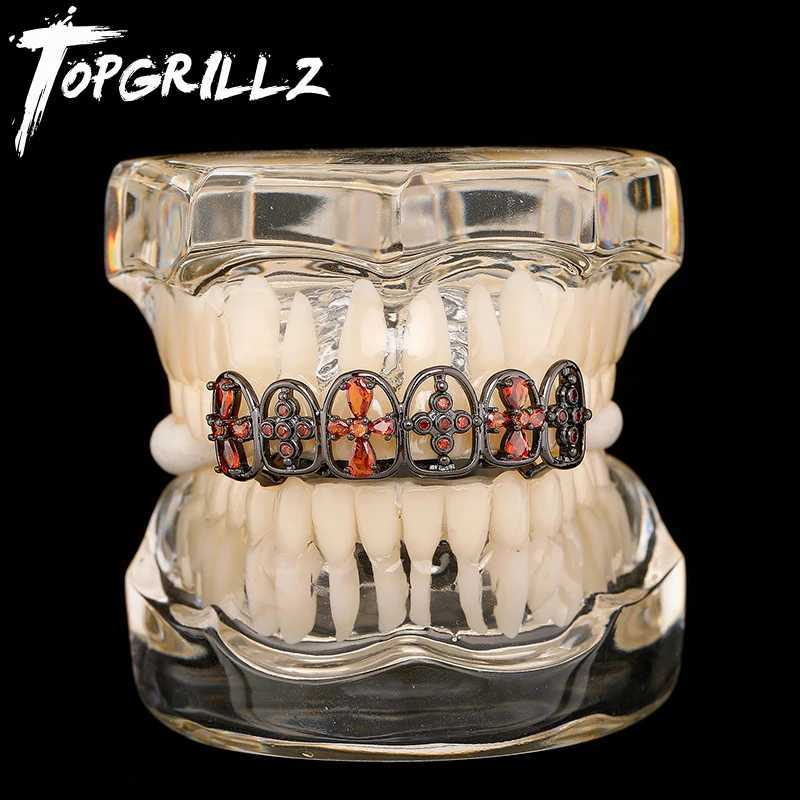 TOPGRILLZ Gothic Cross Flower Red Zircon Teeth Grillz Black Color CZ Stone Tooth Cs For Women Men Christmas Jewelry Gift W241227