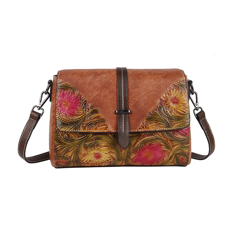 2023 summer new top layer cowhide single shoulder diagonal cross women's bag, embossed process straight