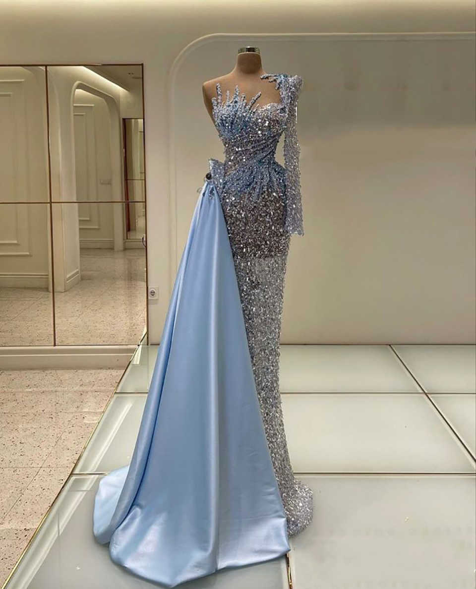 Fancy Evening Dresses Pearls Sequins Prom Gowns One Shoulder Party Dresses Beading Illusion Sweep Train Customized Vestidos de noche