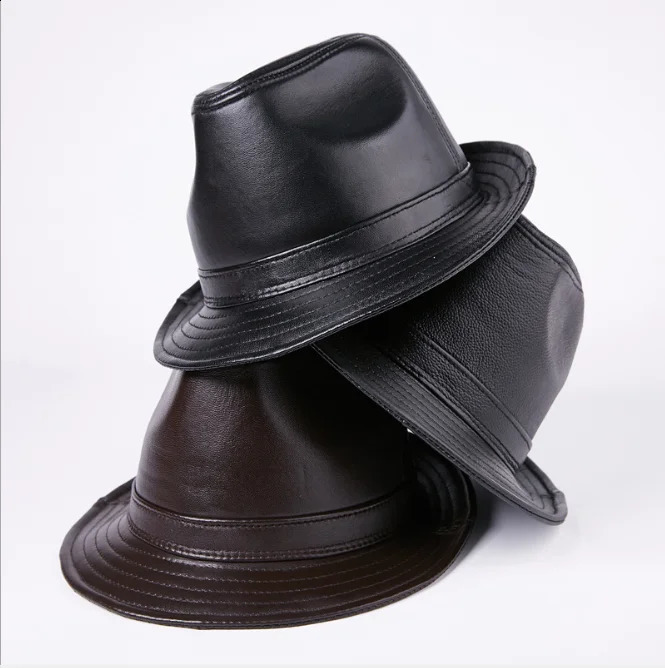 Quality Genuine Leather Hat For Mens Fashion Sheepskin Fedoras Autumn Winter Trend Elegant Jazz Cap Sombreros Brown 241226