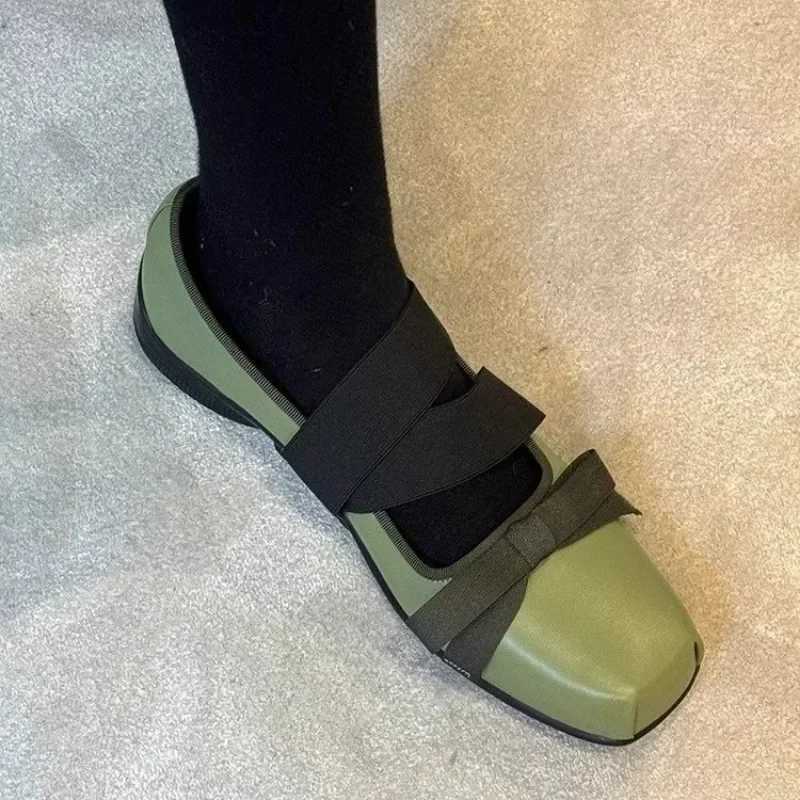 High Quality Square Toe Womens Green Fashion Formal Shoes Thin Heel Cross Strap Sexy Office Flat Elegant Formal Shoes for Women Loafers T241227