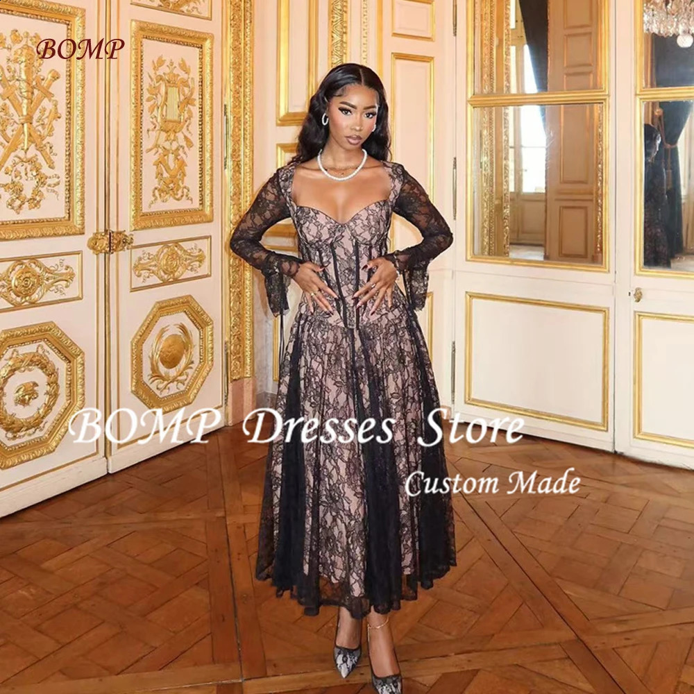 BOMP Sexy Sweetheart Lace Evening Party Dresses African Women Long Sleeves Tea Length Prom Gowns Formal Occasion Customized 241223