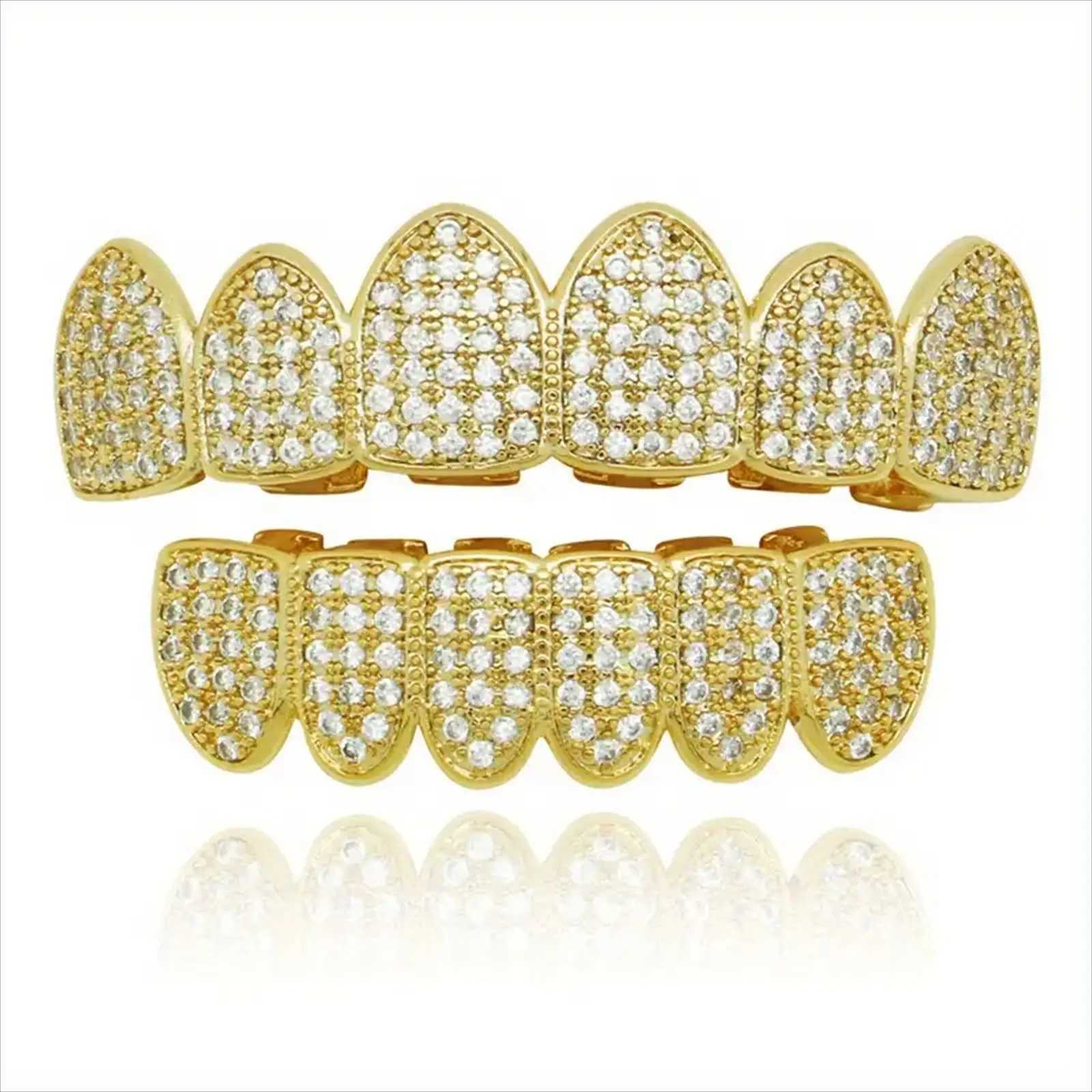 HipHop CZ Teeth Scrub Set suitable for unisex top bottom mouth gold silver teeth scrub removable teeth fashion jewelry W241227