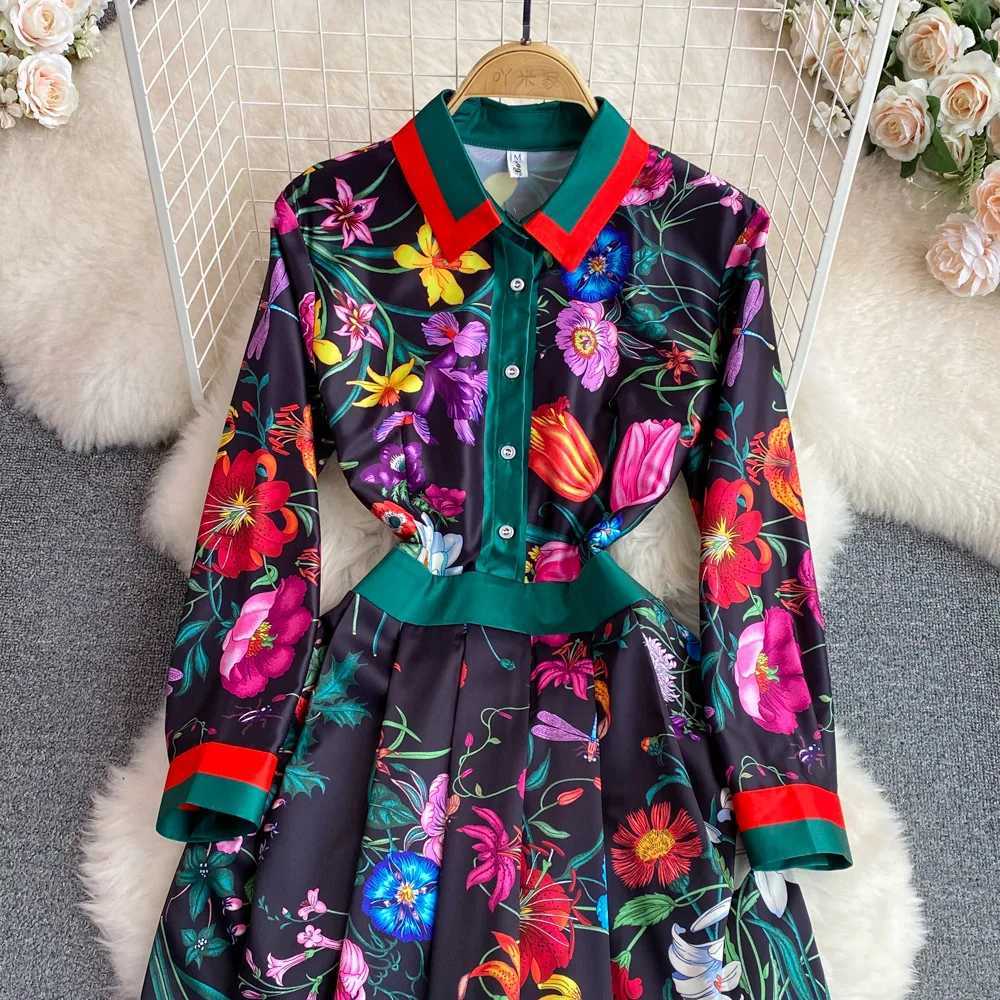 JAMEARY Fashion Runway Red Rose Blue White Porcelain Flower Shirt Womens Summer Autumn Long Sleve Midi Vestidos X241226