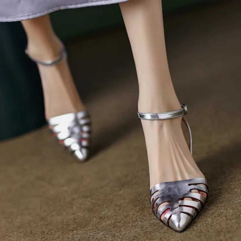 High Quality Black pointed toe sandals summer new womens niche design womens one-word hollow Roman high heels womens shoes T241227