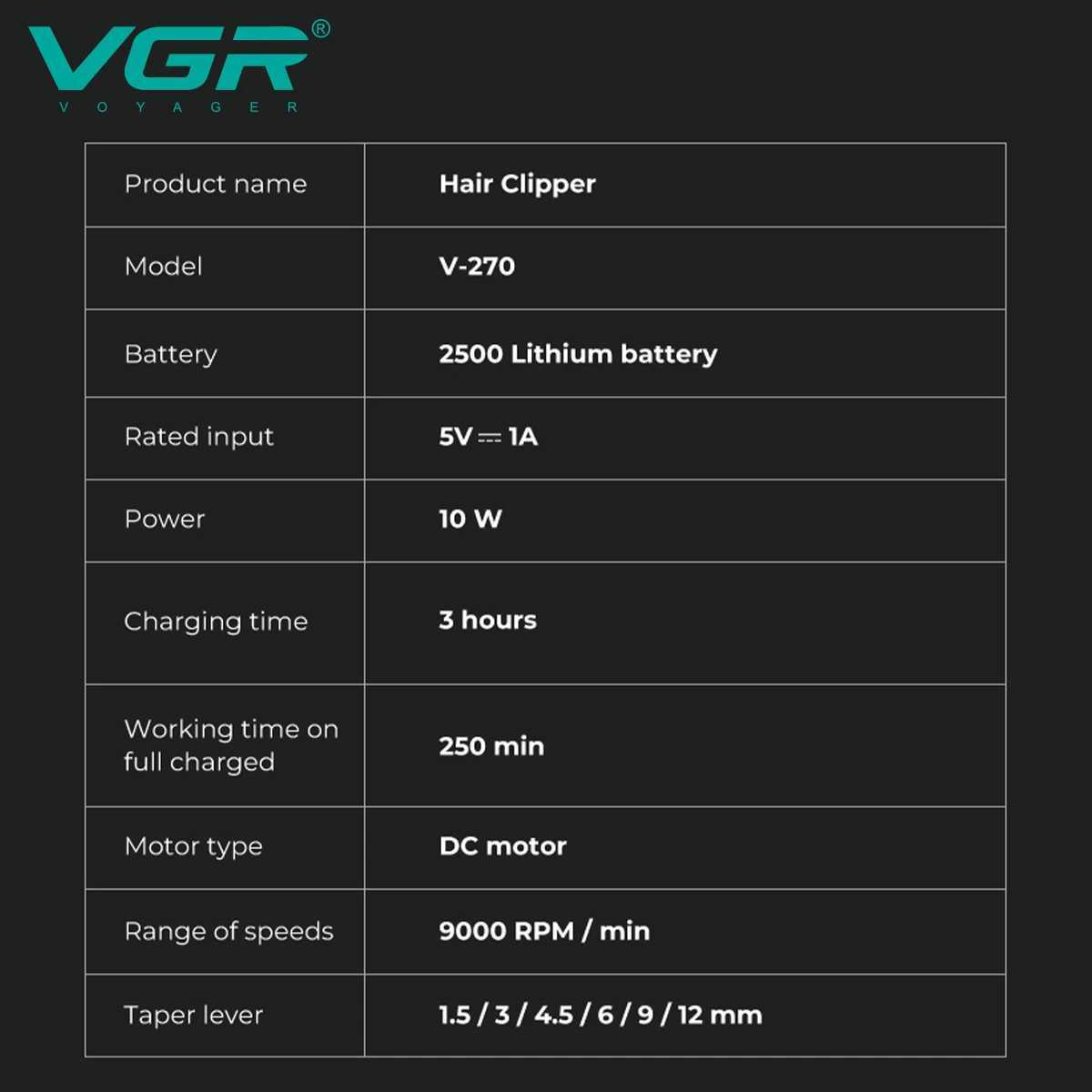 VGR Hair Clipper Professional Hair Cutting Machine 9000 RPM Cordless Clipper Electric LED Display Hair Clippers Men V-992 V-270 W241227