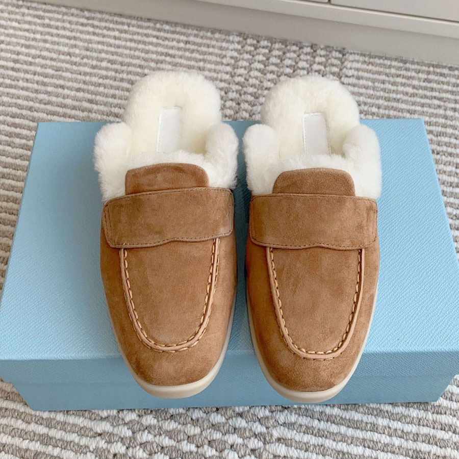 Top quality Suede fur slides loafers womens fluffy furry slipper slip on shoes winter Warm wool Snow shoes shearling sandal mules Luxury designer fur shoes