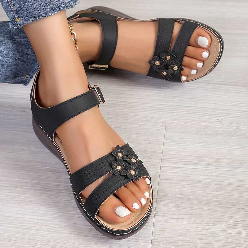 High Quality Lucyever Ankle Womens Wedge Sandals Summer Vintage Flowers Platform Sandles Women Non Slip Soft Bottom Casual Sandals T241227