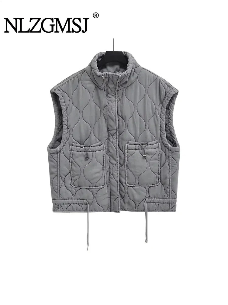 TRAF 2024 Spring Womens Patch Pocket Standup Collar Sleeveless Padded Vest Coat Warm Cotton Tank Female 241220