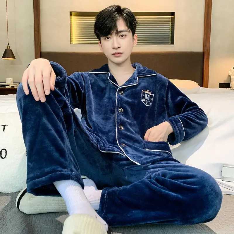 Autumn Winter Coral Fleece Mens Pajamas Set Thicken Flannel Warm Sleepwear OverSized Solid Cardigan Pajama Men Pyjamas HomeWearXJ241227