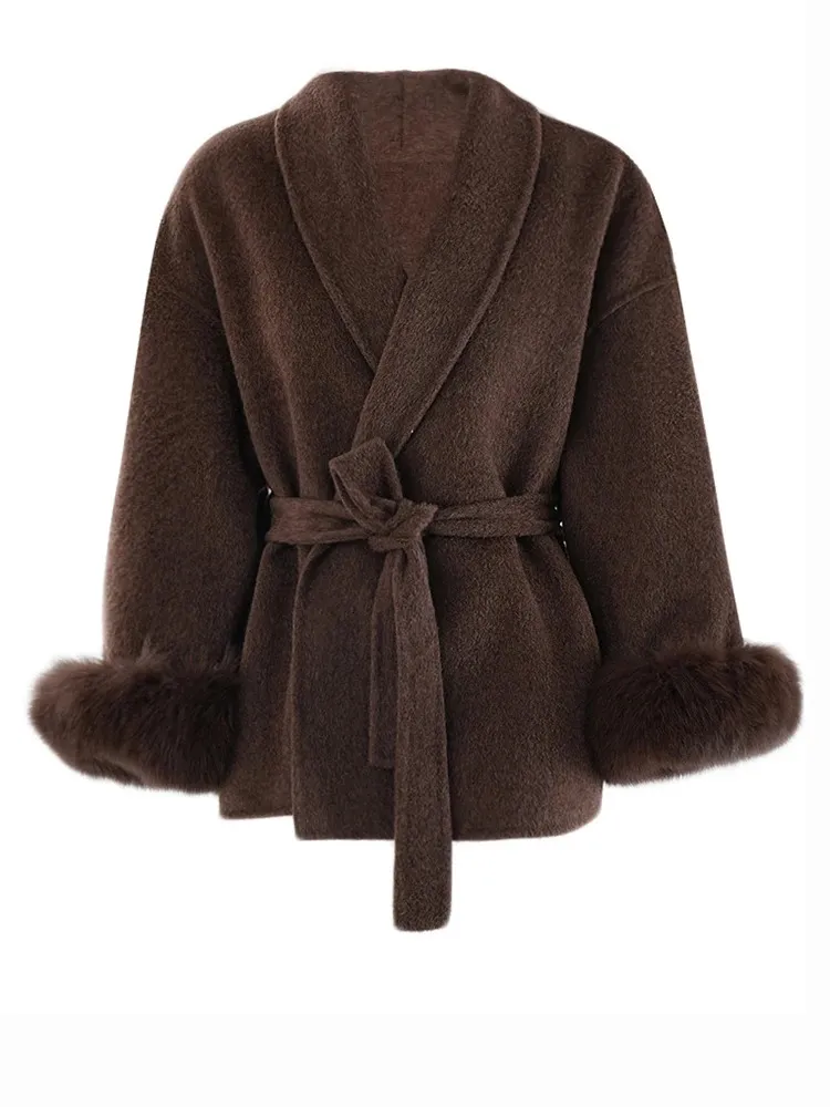 Trend Winter Large Belt Wool Coat Collar Long Sleeve Womens Jacket With Wine Red Fur Cuffs