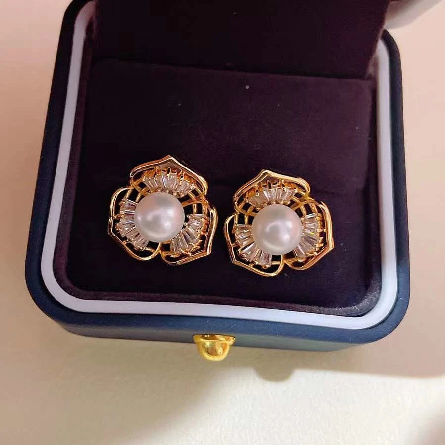 Plated Micro-inlaid Bauhinia Set 7-8MM Freshwater Pearl Necklace Earring Set Pearl Jewelry Set Classic Explosive 18k Gold Trendy 241226